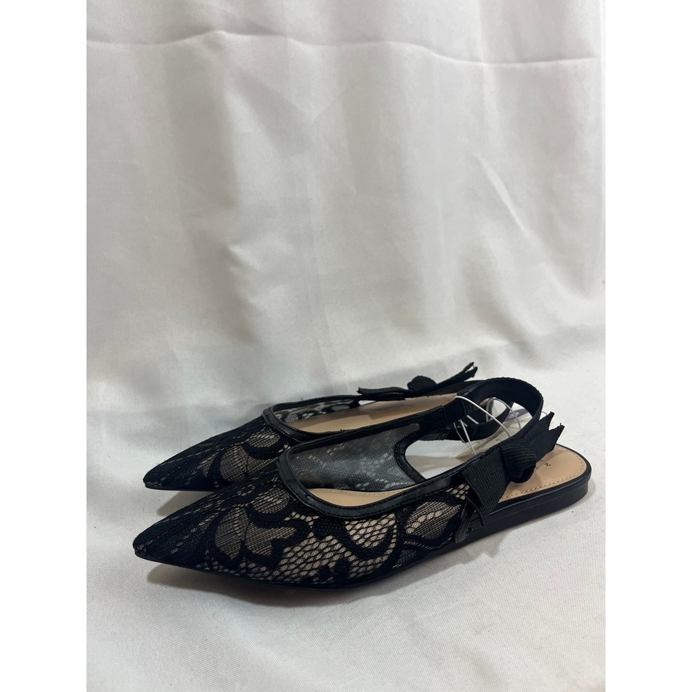 A New Day Women Black Lace Pointed Toe Slingback Flats with Bow Detail Size 6
